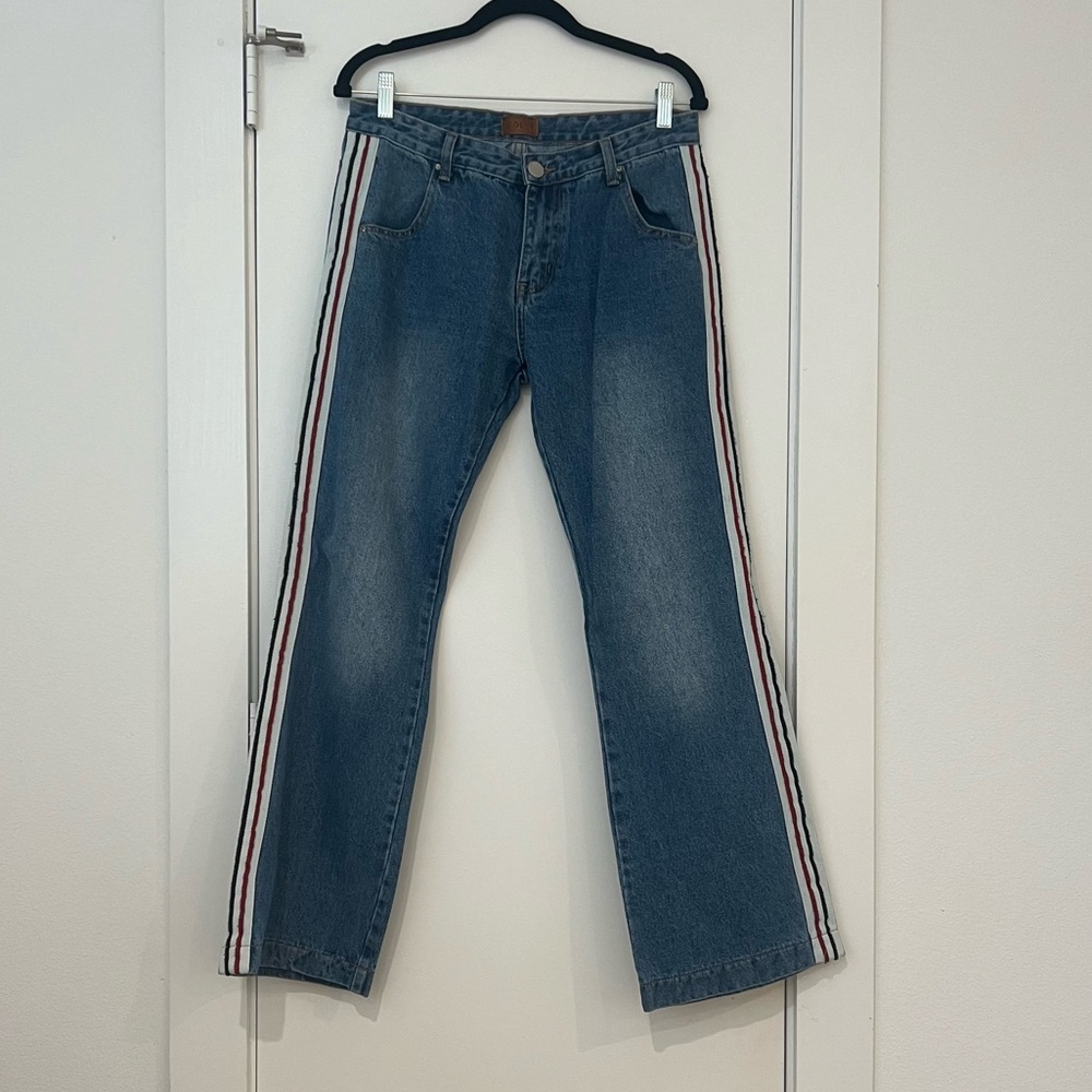 POL Denim Straight Leg Jeans with Red White and Black Stripe
